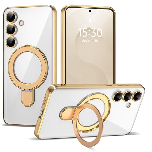 Compatible with Samsung Galaxy S25 Plus Case with Magnetic Ring Stand [Compatible with Mag-Safe] [Full Camera Lens Protector] Plating Clear Phone Case for S25 Plus 6.7", Gold - color: Gold, size: Samsung Galaxy S25 Plus