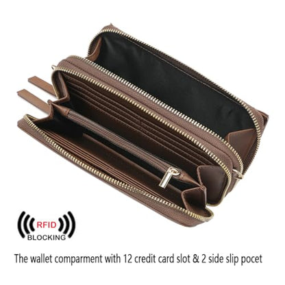 RFID Crossbody Wallet Wristlet Purse with Phone Pocket For Women Vegan Leather - color: B-retro Brown