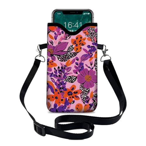 Neoprene Cell Phone Sleeve Pouch Case Bag with Crossbody Strap Neck Lanyard for Women 7.1 X 3.9 in Pink Flower - color: Pink Flower