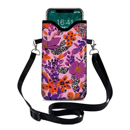 Neoprene Cell Phone Sleeve Pouch Case Bag with Crossbody Strap Neck Lanyard for Women 7.1 X 3.9 in Pink Flower - color: Pink Flower