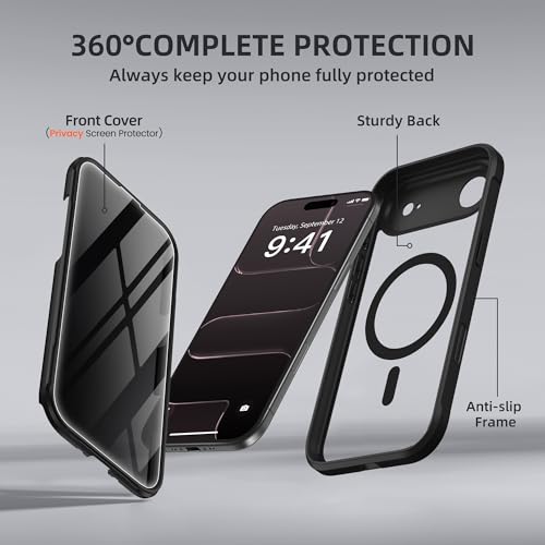 BERFY for iPhone Air Case, Compatible with MagSafe, Built-in Privacy Screen Protector, Camera Protection, Shockproof Full Body Phone Case 6.5", Clear Black