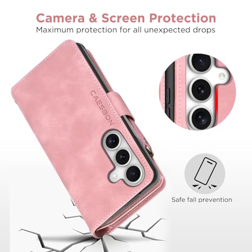 for Samsung Galaxy S24-FE-Wallet Case: with RFID Blocking Card Slots (6 Cards) | Soft PU Leather Magnetic Snap Zipper Pocket | Crossbody Wrist Strap Protective Phone Cover - Pink - color: Pink, size: Galaxy S24 FE（6.7‘’）