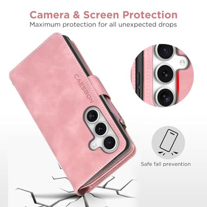 for Samsung Galaxy S24-FE-Wallet Case: with RFID Blocking Card Slots (6 Cards) | Soft PU Leather Magnetic Snap Zipper Pocket | Crossbody Wrist Strap Protective Phone Cover - Pink - color: Pink, size: Galaxy S24 FE（6.7‘’）