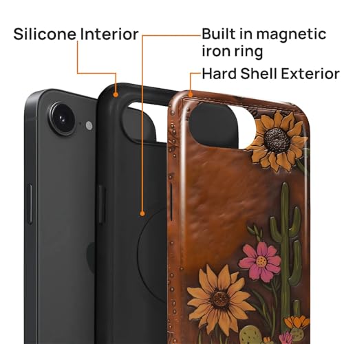 Magnetic Case for iPhone 16e, Compatible with Magsafe,PC Hard Shell & Silicone Inner Bumper, Anti-Scratch Full-Body Cover Shockproof Slim Design - Retro Cactus Sunflower - color: Retro Cactus Sunflower, size: iPhone 16e