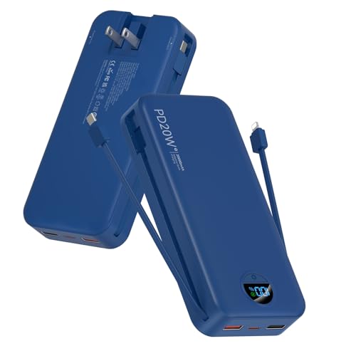 citicr Portable Charger 20000mAh PD20W w/Built-in Cables & Wall Plug Navy - color: Indigo