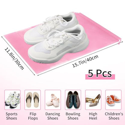 Pink Travel Shoe Bags - 5 Pcs Non-Woven Packing Bags with Clear Window | 15.7" x 11.8" Waterproof Dustproof Portable Travel Shoe Storage Bag for Men and Women - color: Pink, style: 5 Pack