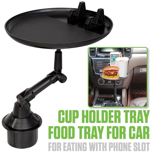 Cellet Cup Holder Tray for Car with Phone Mount – Expandable Base, 360° Rotation Food & Drink Tray with Non-Slip Surface, Adjustable Arm for Eating in Vehicle – Fits Most Standard Car Cup Holders - style: Food Tray