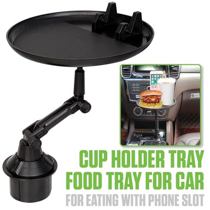Cellet Cup Holder Tray for Car with Phone Mount – Expandable Base, 360° Rotation Food & Drink Tray with Non-Slip Surface, Adjustable Arm for Eating in Vehicle – Fits Most Standard Car Cup Holders - style: Food Tray