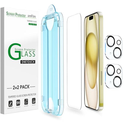 amFilm OneTouch for iPhone 15 Screen Protector 6.1'' Tempered Glass - size: IPH15-6.1”