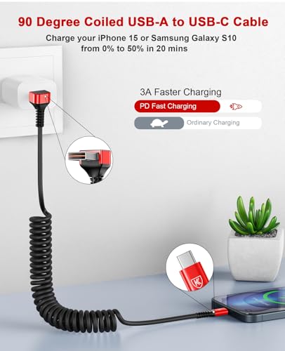 90 Degree USB A to USB C Cable, Coiled, 3FT&6FT USB C Cable for Car-Red - color: Red, size: 3FT+6FT