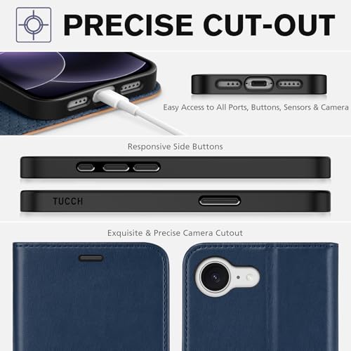 TUCCH Wallet Case for iPhone 17e & 16e (6.1"), 4 Card Holders, Blue & Brown | RFID Blocking, Viewing Stand, Shockproof TPU Shell, PU Leather, Magnetic Closure, Protective Folio Flip Cover - color: Two-tone Blue & Brown