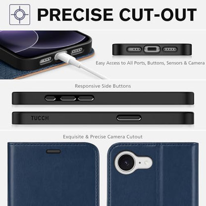 TUCCH Wallet Case for iPhone 17e & 16e (6.1"), 4 Card Holders, Blue & Brown | RFID Blocking, Viewing Stand, Shockproof TPU Shell, PU Leather, Magnetic Closure, Protective Folio Flip Cover - color: Two-tone Blue & Brown