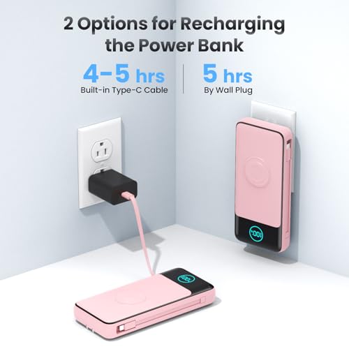 Portable Charger for iPhone with Built-in Cables and AC Wall Plug,26800mah Fast Charging USB C Power Bank,25W PD Travel Essential Battery Pack for iPhone 17/16/15/14/13,Galaxy,Apple Watch (Pink) - color: Pink