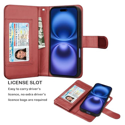 NJJEX Wallet Case Compatible with iPhone 17 6.3" 2025, [9 Card Slots] PU Leather Card Holder Folio Flip [Detachable] Kickstand Magnetic Phone Cover & Lanyard Compatible for iPhone 17 [Wine Red] | PU leather folio flip, detachable magnetic phone cover, int