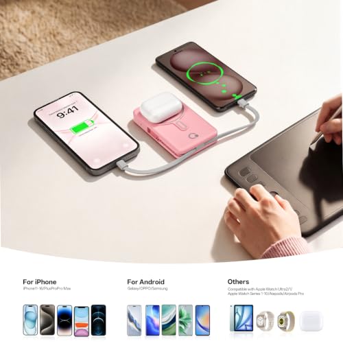 Q Magnetic Wireless Portable Charger 10,000mAh, Travel Essentials Power Bank with Built-in Cables & Foldable Stand, External Battery Pack Compatible with iPhone 17/16/15/14/13/12, Apple Watch - color: Pink