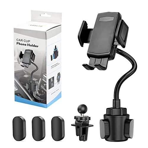 2-in-1 Cup Holder Phone Mount, Universal Adjustable Gooseneck Cup Holder, 360 Rotation, One-Button Release, Fits 4"-7" Phones