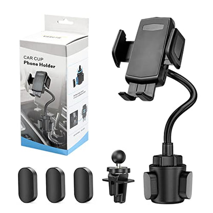 2-in-1 Cup Holder Phone Mount, Universal Adjustable Gooseneck Cup Holder, 360 Rotation, One-Button Release, Fits 4"-7" Phones