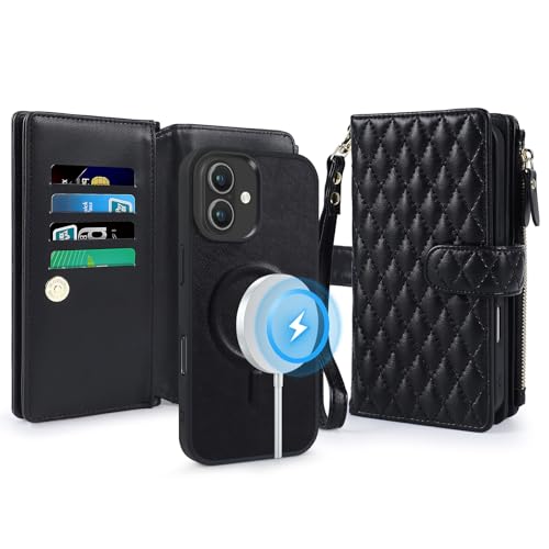 for iPhone 15 Plus/14 Plus Case Wallet,Compatible with MagSafe 2 in 1 Magnetic Detachable PU Leather RFID Blocking Wallet Cover Card Holder Zipper Wrist Strap Lanyard,Quilted Black - color: Quilted Black, size: iPhone 15 Plus/14 Plus