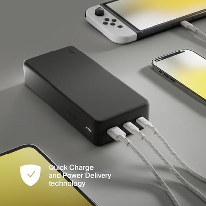 Clemm Portable Charger 30000mAh, Power Bank for iPhone, Samsung, iPad & Laptops, 3 Ports (USB-A + 2× USB-C), Quick Charge & Power Delivery, Up to 6 Phone Charges or 1 Laptop Charge, Graphite
