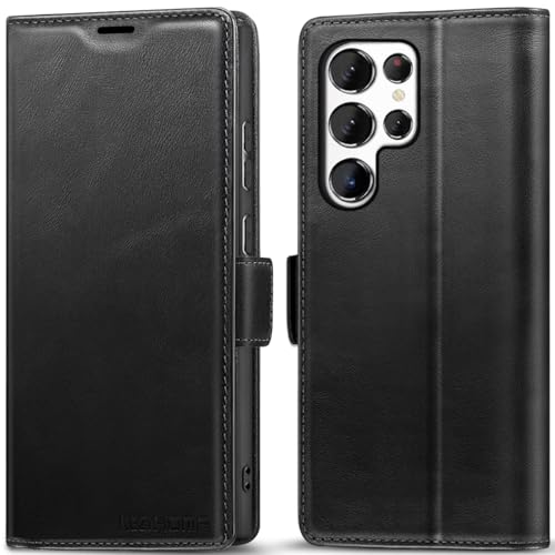 KEZiHOME Genuine Leather Wallet Case for Samsung Galaxy S24 Ultra Black | Black, RFID Blocking Card Slot, Kickstand, Magnetic Protective Phone Folio Cover, Compatible with Galaxy S24 Ultra - color: Black