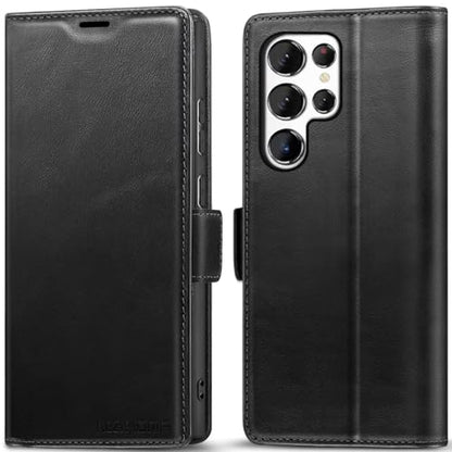 KEZiHOME Genuine Leather Wallet Case for Samsung Galaxy S24 Ultra Black | Black, RFID Blocking Card Slot, Kickstand, Magnetic Protective Phone Folio Cover, Compatible with Galaxy S24 Ultra - color: Black