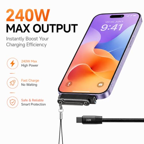 240W USB C to USB C Invisible Charging Cable with Foldable Stand - color: Orange&Blcak,2Pcs