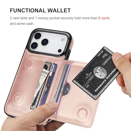 KIHUWEY Compatible with iPhone 17 Pro Max Wallet Case Credit Card Holder, Premium Leather Kickstand Flip Hidden Magnetic Clasp Durable Shockproof Protective Cover for 6.9 inch (Rose Gold) - color: Rose Gold