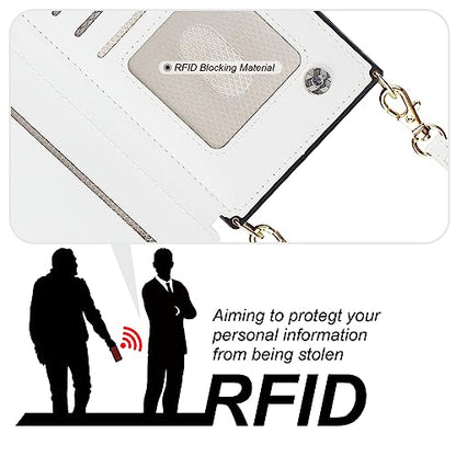 Bocasal Crossbody Wallet Case with Strap for iPhone 13/14, White | RFID Blocking Card Slot Holder, Magnetic Flip Folio Purse Case, PU Leather Zipper Handbag Detachable Lanyard Strap 6.1 Inch - color: White