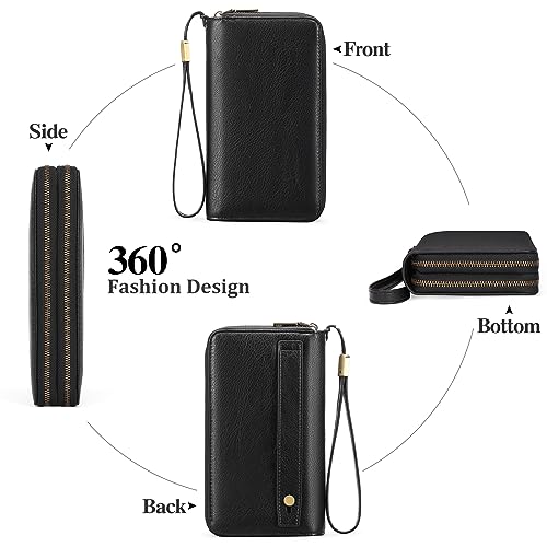 GAEKEAO RFID Leather Wristlet Wallet for Women with Grip Strap | Large capacity clutch wallet, credit card holder, wrist strap, zipper purse, travel and shopping - color: A03 Retro Black