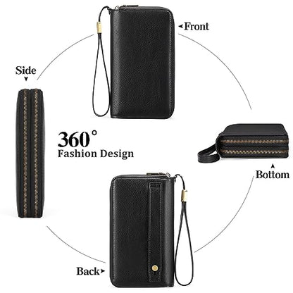 GAEKEAO RFID Leather Wristlet Wallet for Women with Grip Strap | Large capacity clutch wallet, credit card holder, wrist strap, zipper purse, travel and shopping - color: A03 Retro Black