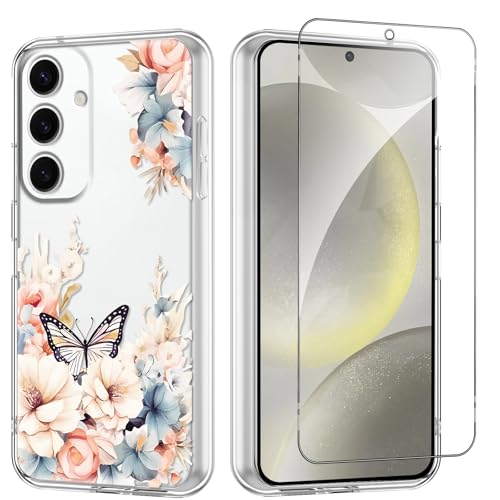 Flower Phone Case Floral for Samsung Galaxy S24 5G 6.2'' with Screen Protector, Clear Transparent Phone Cover Slim Soft Shockproof Anti-Scratch Drop Protection Funda for Girls Women - color: Yellow Peony, size: Samsung Galaxy S24 5G