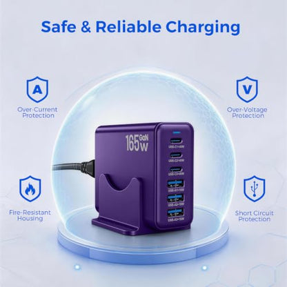 165W GaN Charging Station, 6-Port Desk Charging Station, Purple - color: Purple