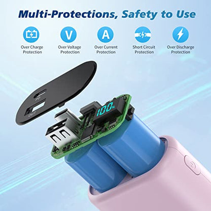 Small Portable Charger 10800mAh with Built-in USB-C Cable, Mini PD 3A Fast Charging Power Bank, Ultra-Compact LCD Display Battery Pack Compatible with Samsung Galaxy S22/S21/S10/S9,Note,Moto,LG-Pink