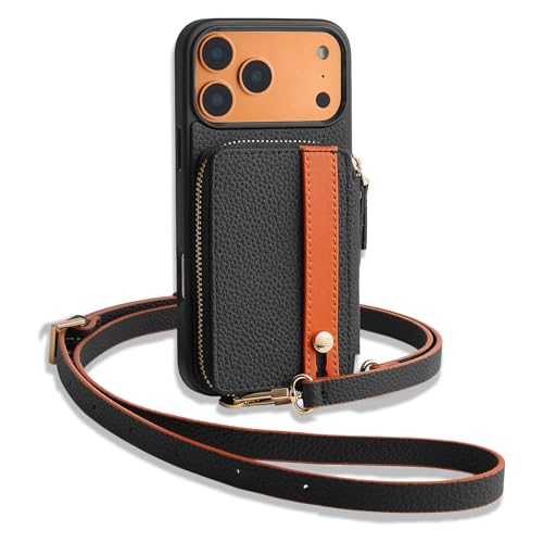 LAMEEKU for iPhone 17 Pro Max Wallet Case with Crossbody Strap, Phone Grip Holder Stand Wrist Strap Cover 6.9 inch Black - color: Black, size: iPhone 17 Pro Max 6.9''