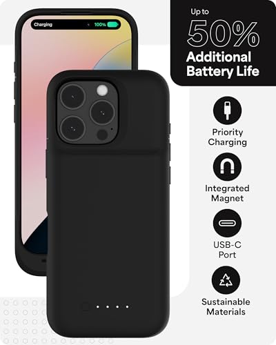 Mophie Juice Pack Battery Case for iPhone 16 Pro - Slim Charging Case, Magnetic Back for Wallets & Mounts, +50% Extra Battery Life, Enhanced 6-Foot Drop Protection, Sustainable Material, Black - size: iPhone 16 Pro