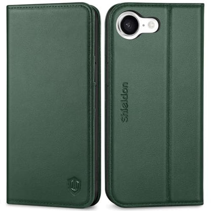 SHIELDON Genuine Leather Flip Wallet Case for iPhone 17e/16e, Evergreen | Magnetic Closure, RFID Blocking, Credit Card Holder, Viewing Stand, Foldable Design, Shockproof Protective Cover - color: Evergreen