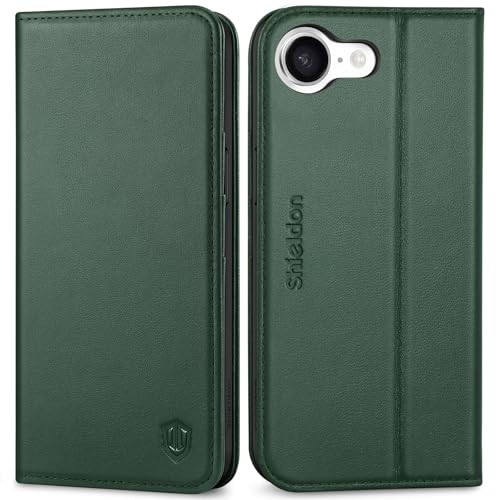SHIELDON Genuine Leather Flip Wallet Case for iPhone 17e/16e, Evergreen | Magnetic Closure, RFID Blocking, Credit Card Holder, Viewing Stand, Foldable Design, Shockproof Protective Cover - color: Evergreen