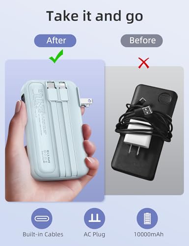 RORRY Portable Charger 3 in 1 with Wall Plug 10000mAh Power Bank for iPhone - color: Blue
