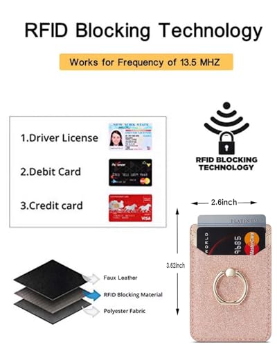 2Pcs RFID Phone Wallet Stick on Back of Phone Card Holder with Ring | Gold+Rosegold Glitter Sticky Phone Wallet for Credit Card/IDs/Pocket, Adhesive Phone Card Holder for iPhone, Videos - color: RoseGold Glittering