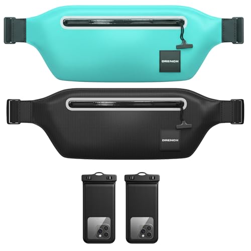 Drench gym and sweatproof solution – Blue + Black Waterproof Fanny Pack Bundle, 2 Submersible Phone Pouches + Floating Cases
