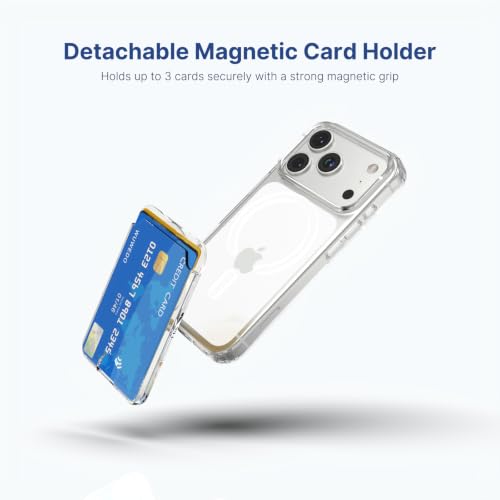 for iPhone 17 Clear Case and Detachable Magnetic Card Holder, Anti-Yellowing, Camera Control Button, 3-Card Wallet, Compatible with MagSafe, Shockproof Protection, Crystal Clear