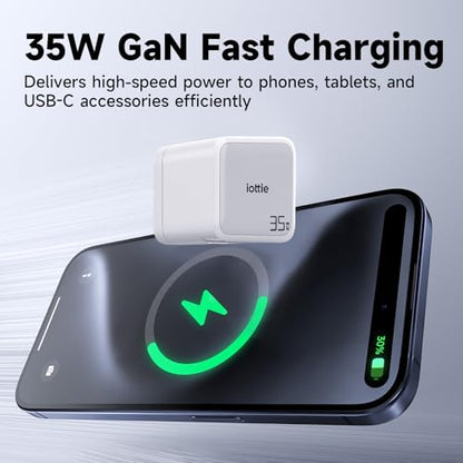 Basix by iOttie 35W GaN Wall Charger with Built-in Retractable USB-C Cable and Extra USB-C Port, Dual Device Fast Charging, Compact Travel Charger with Folding Prongs