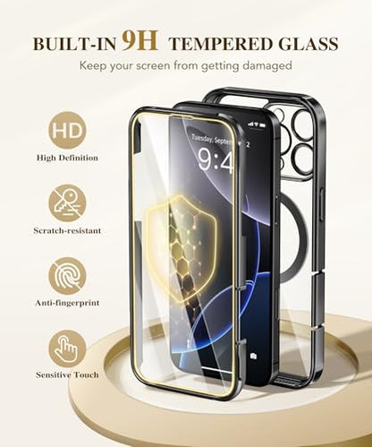 BERFY Magnetic for iPhone 16 Pro Max Case 6.9", [Compatible with Magsafe] Built-in 9H Tempered Glass Screen Protector & Upgraded Camera Protection, Full-Body Plating Phone Case for 16 ProMax, Black
