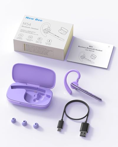 New Bee Bluetooth Headset V5.1 72H Talk Dual Mic with Mute Button for Work, Wireless Hand-Free Bluetooth Earpiece with 500mAh Charging Case for Cell Phone Calls Driver (M54, Purple) - color: Purple