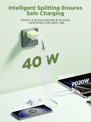 [2-Pack] USB C Charger Block, 4 in 1 iPhone Charger, PD 3.0 40W Charging Blocks, QC 2A USB Wall Charger for iPhone 17 16 15 14 13 12 Pro Max, iPad - color: Yellow + Green