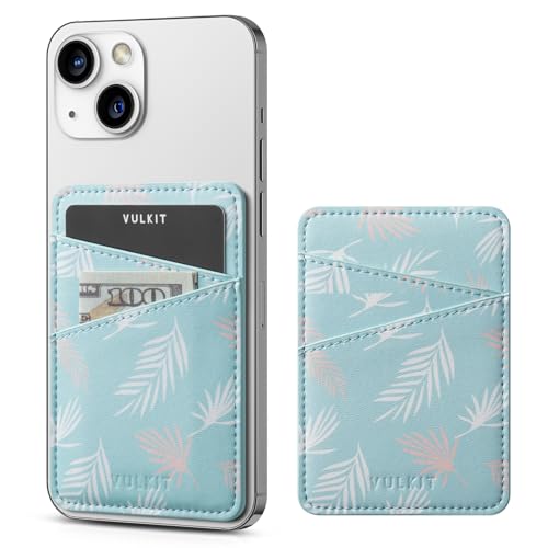 VULKIT Phone Card Holder Wallet Leather Adhesive Pocket RFID Blocking Credit Card Sleeves Stick Back of Phone Smartphones Blue - color: Leaf Blue