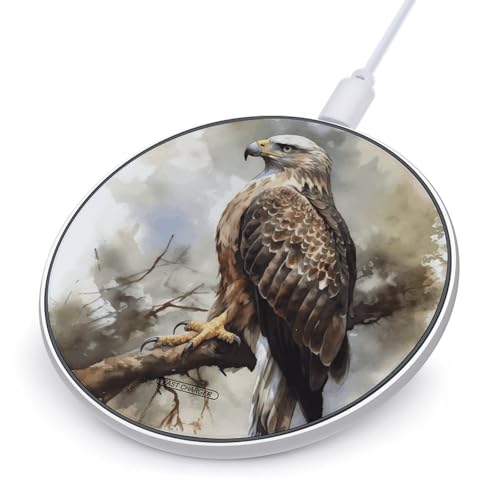 Watercolor of Hawk Sitting in The Tree Wireless Charger with USB Cable Qi-Certified 10W Fast Wireless Charging Pad Portable Charging Station Anti-Slip Slim Charger Mat for All Qi-Enabled Phones
