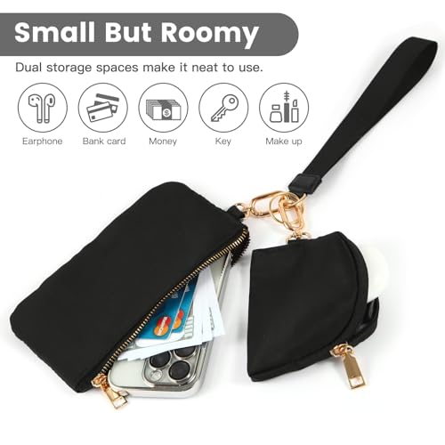 Mini Zip Around Wristlet Wallet, Dual Pouch Keychain Coin Purse for Women | Phone wallet design, detachable pouches, waterproof nylon, zipper closure, card holder, travel and daily essentials organizer - color: Black+Gold
