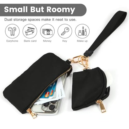 Mini Zip Around Wristlet Wallet, Dual Pouch Keychain Coin Purse for Women | Phone wallet design, detachable pouches, waterproof nylon, zipper closure, card holder, travel and daily essentials organizer - color: Black+Gold