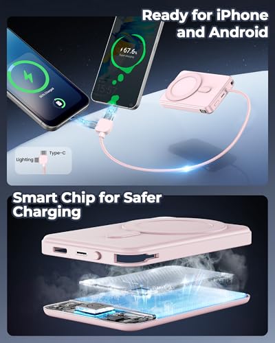 10000mAh Portable Charger, 20W Fast Charging, Built-in Cables with Handle | Charge from 20% to 85% in 30 Mins, 30% Smaller, magnetic grip, Stays Cool, LED Display, for iPhone, Samsung, Android Phones - color: 04.Pink